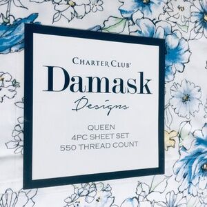 new Outlined Floral Cornflower Charter Club Solid 550 TC Cotton QUEEN Sheet Set